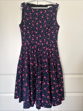 Navy Sleeveless Fit-and-Flare Dress with Pink Flamingo Print